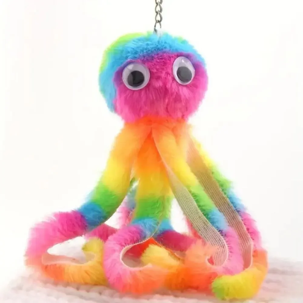 Cute and Colorful‎ Fuzzy Rainbow Octopus Keychain